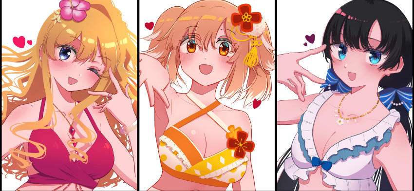 3girls :d ami_ria bikini bikini_bottom bikini_top black_hair blonde_hair female female_focus female_only fumino_sayuki kozue_mayu light-skinned_female light_skin long_hair magia_record:_mahou_shoujo_madoka_magica_gaiden mahou_shoujo_madoka_magica medium_hair orange_hair puella_magi_madoka_magica ria_ami sansho_mesp short_hair simple_background very_long_hair white_background young