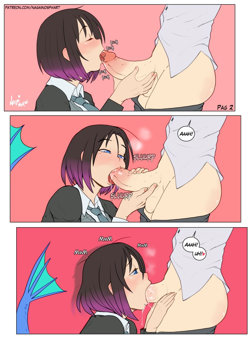 1futa 1girls 3_panel_comic blue_eyes clothed clothed_blowjob cock cock_worship dragon_girl drool_string drooling elma_(dragon_maid) eyebrows_visible_through_hair fellatio futanari kobayashi kobayashi-san_chi_no_maidragon licking_penis miss_kobayashi's_dragon_maid moaning nagainosfw oral purple_hair spit tail tie