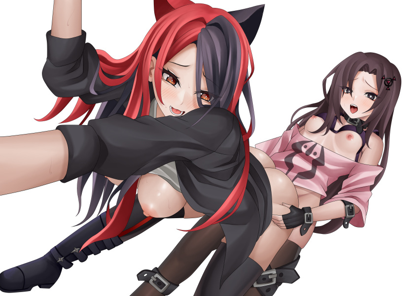 1futa 1girls absurdres animal_ears ass ass_grab balls bardanv3 bare_shoulders belt bent_over big_breasts black_hair blush boots bra breasts brown_hair cat_ears clothed clothing commission commissioner_upload duo dusk_(wayanfa) emblem female fingerless_gloves futa_on_female futa_with_female futanari gloves grey_eyes highres humanoid jacket kitty_(wayanfa) light-skinned_futanari long_hair medium_breasts mostly_nude multicolored_hair multiple_belts multiple_girls non-web_source open_clothes open_mouth original red_hair sex sex_from_behind shirt sigil small_breasts standing t-shirt thighhighs thighs two-tone_hair underwear vaginal_penetration white_background yellow_eyes yuri