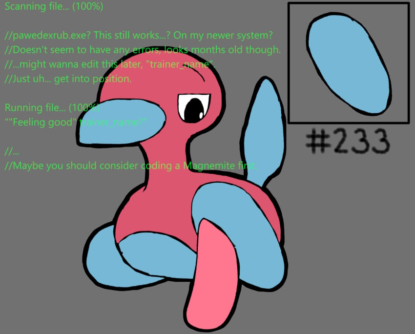 ambiguous_gender artificial_intelligence beak duo english_text erection feet feral foot_fetish foot_play footjob generation_2_pokemon genitals hashtag hi_res id_number male nintendo penis pokemon pokemon_(species) porygon2 secretsableye sex simple_background tail tapering_penis text