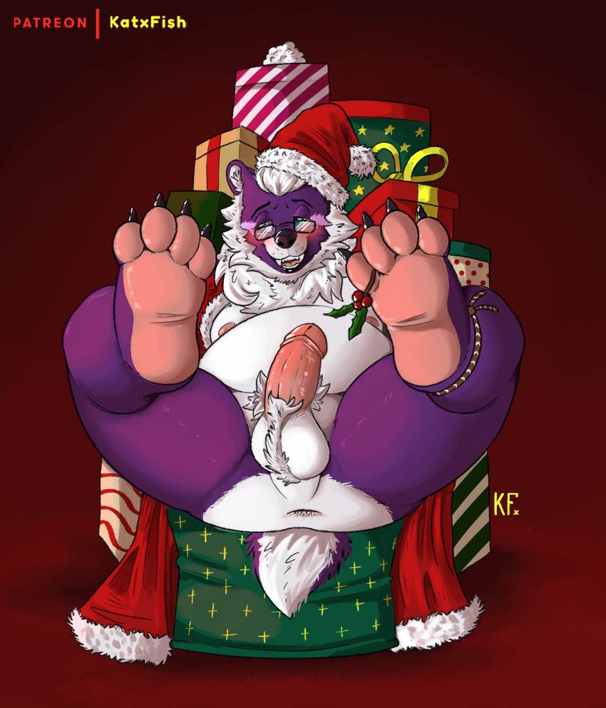 1boy absurd_res anthro anus artist_initials artist_name ass ball_tuft balls ballsack bear beard belly blush body_fur christmas christmas_clothing christmas_headwear clothing daddy_kink erection facial_hair foreskin foreskin_folds furry_balls genitals gift hat headgear headwear hi_res holidays holly_(plant) humanoid_penis intact katxfish legs_up male male_nipples male_only male_pubic_hair mammal mostly_nude_male patreon_username paws penis perineum plant purple_fur red_berries retracted_foreskin santa_hat scrotum slightly_chubby smooth_penis solo spiky_leaves testicles uncut white_countershading white_hair