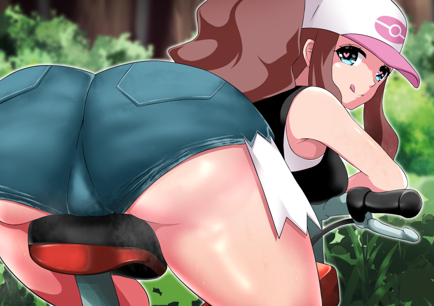 1girls 2d alternate_version_available ass ass_focus baseball_cap bent_over bicycle big_ass blue_shorts booty_shorts bottomwear brown_hair bubble_ass bubble_butt dat_ass female female_only game_freak hair hat headwear heart-shaped_pupils hilda_(pokemon) huge_ass koukatu_illust looking_back pokemon pokemon_bw ponytail seductive seductive_eyes seductive_look seductive_smile short_shorts shorts solo solo_female steam steamy thighs tongue tongue_out