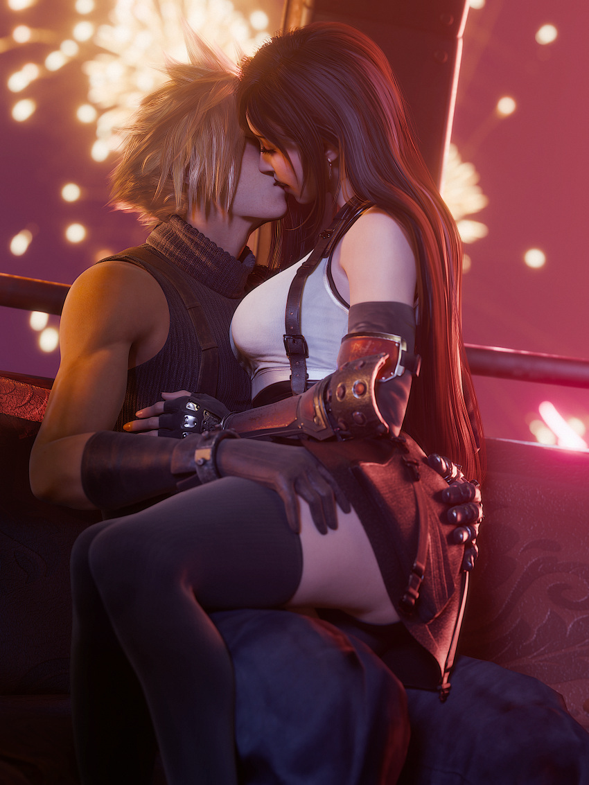 1boy 1girls 3d 3d_(artwork) black_hair blender blonde_hair breasts canon_couple closed_eyes clothed cloud_strife couple date earrings female final_fantasy final_fantasy_vii final_fantasy_vii_rebirth final_fantasy_vii_remake fireworks gloves hand_on_ass kissing large_breasts long_hair male medium_breasts ria-neearts romantic romantic_couple sitting_on_lap skirt sleeveless straight suspenders thighhighs tifa_lockhart white_tank_top