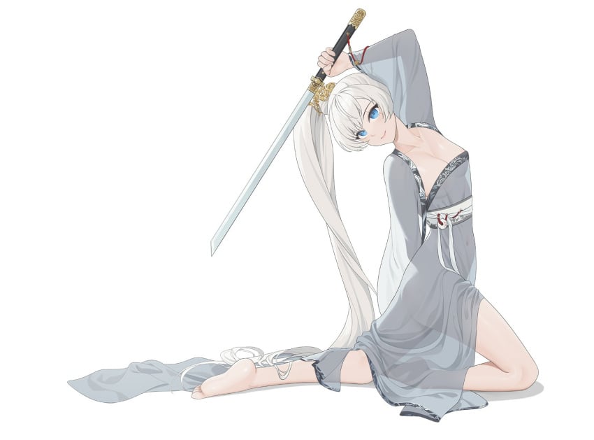 1girls barefoot blue_eyes bw-ring female rwby see-through see-through_clothing small_breasts small_waist sword weiss_schnee white_hair