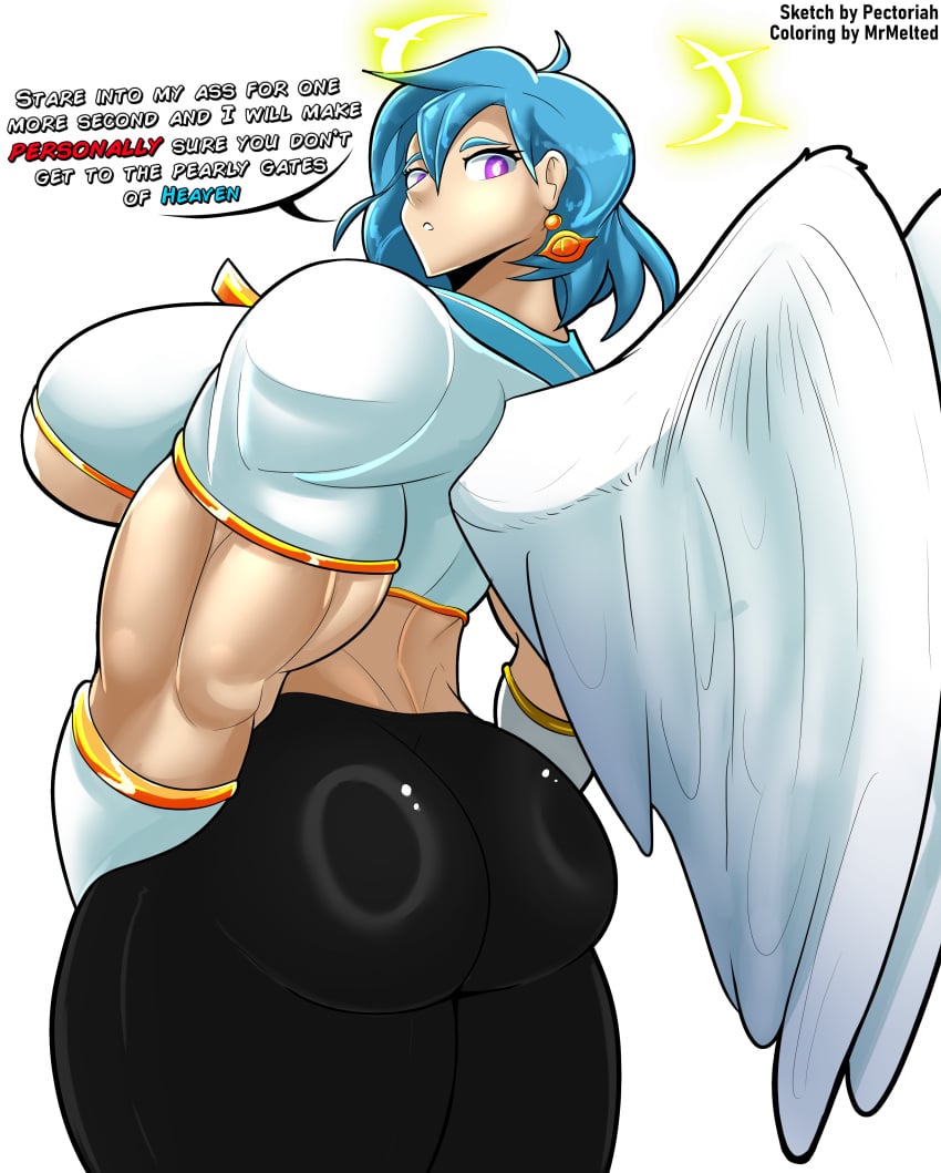 1girls aballon_(mrmelted) angel angel_wings ass biceps big_ass big_breasts blue_hair breasts bubble_butt busty clothing colored_sketch dialogue fat_ass female female_only halo huge_breasts large_ass large_breasts looking_at_viewer looking_back mrmelted muscular muscular_female original pectoriah rear_view solo talking_to_viewer text thick_ass thick_thighs threatening thunder_thighs underboob wide_hips wings