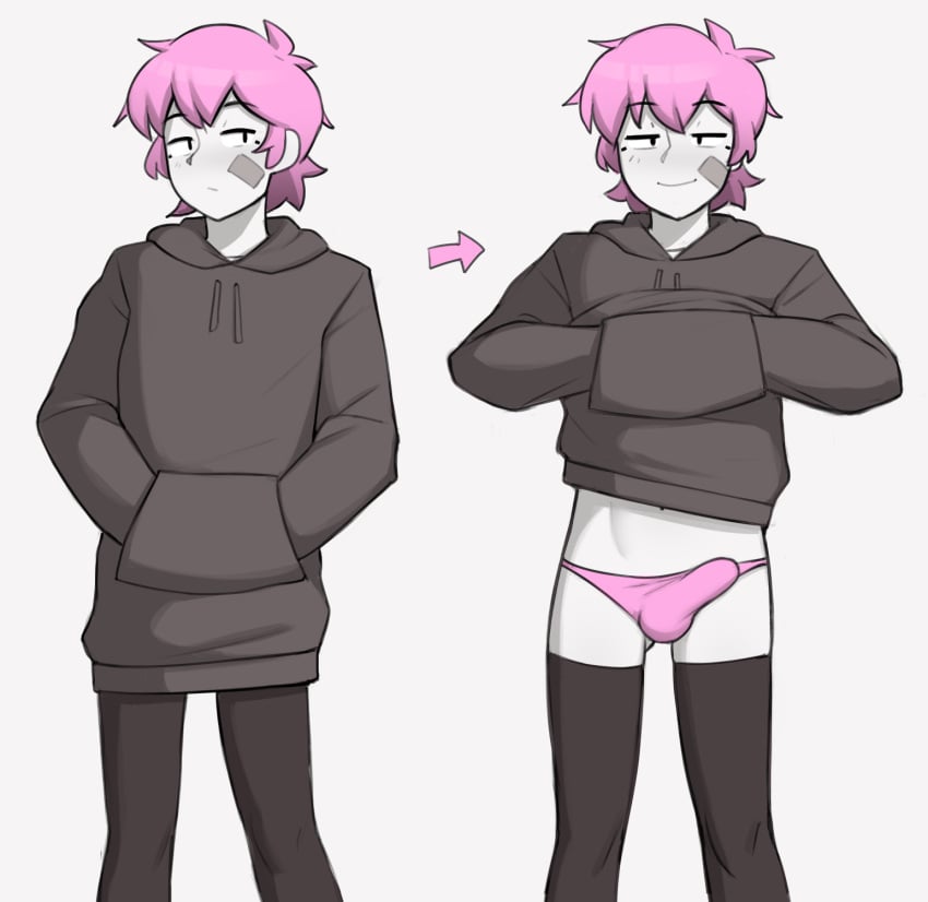 1boy ahoge aroused balls ballsack bandage bedroom_eyes before_and_after black_socks bulge bulge_through_clothing clothed crossdressing dross femboy feminine_male flashing flat_chest gay girly greyscale grin happy hoodie hoodie_lift horny inviting inviting_to_sex lifting_clothing looking_at_viewer male male_only original panties panty_bulge penis pink_hair pink_panties presenting presenting_penis scrotum shameless short_hair showing_off skater_boi_(dross) smile smooth_skin smug socks solo solo_male submission submissive submissive_male taylor_(dross) thigh_socks thighhighs thighs trap tummy twink unembarrassed