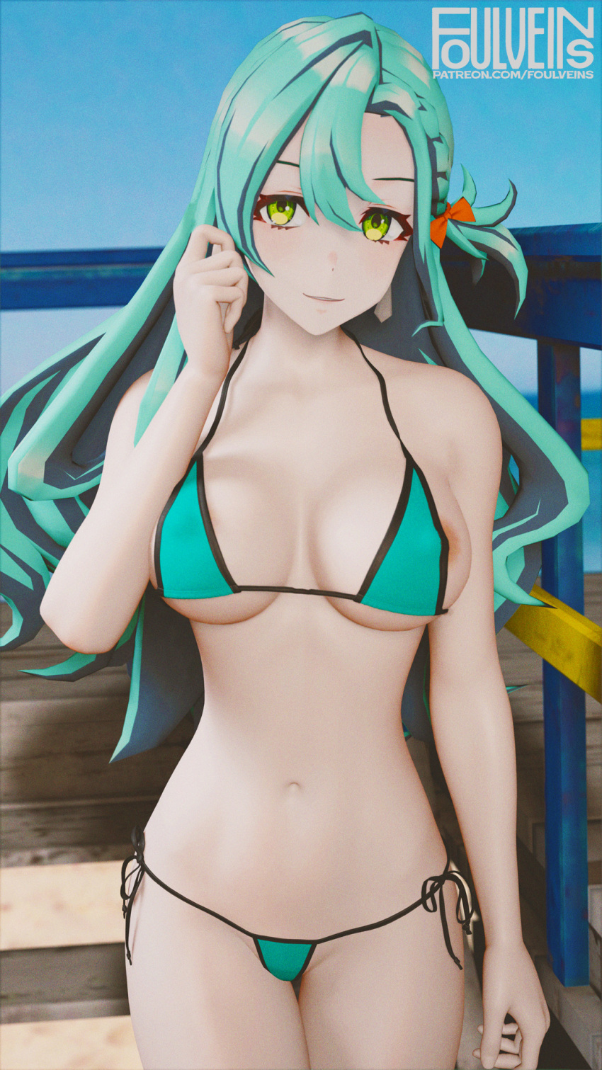 1girls 3d alternate_costume areola_slip areolae bare_thighs bikini blue_bikini blue_swimsuit braid breasts chloe_(fire_emblem) earrings female female_only fire_emblem fire_emblem_engage foulveins green_eyes hair_between_eyes looking_at_viewer medium_breasts nintendo outdoors sideboob smile solo swimsuit thighs underboob very_long_hair