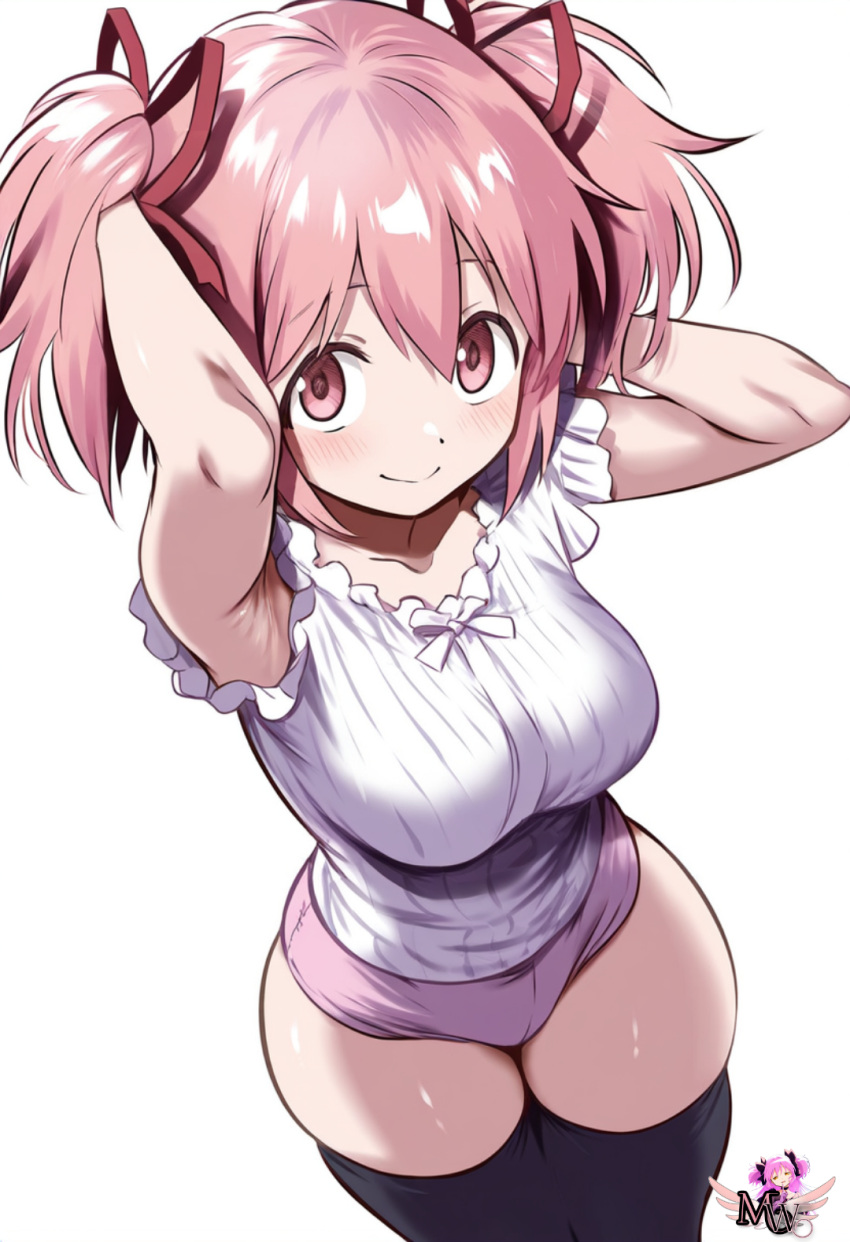 ai_generated armpits arms_behind_head artist_logo big_breasts big_breasts hair_ribbon highres looking_at_viewer madoka_kaname madoka_worship magical_girl mahou_shoujo_madoka_magica pink_eyes pink_hair puella_magi_madoka_magica red_ribbon ribbon ribbons seductive_look thick_thighs thighhighs twintails wide_hips