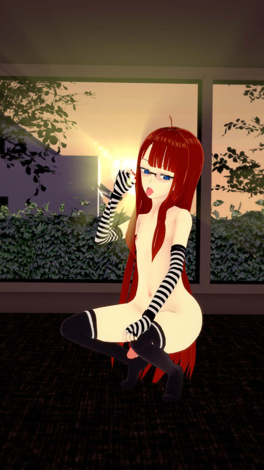 blue_eyes fellatio_gesture femboy gloves hellfish long_hair oc penis red_hair thighhighs