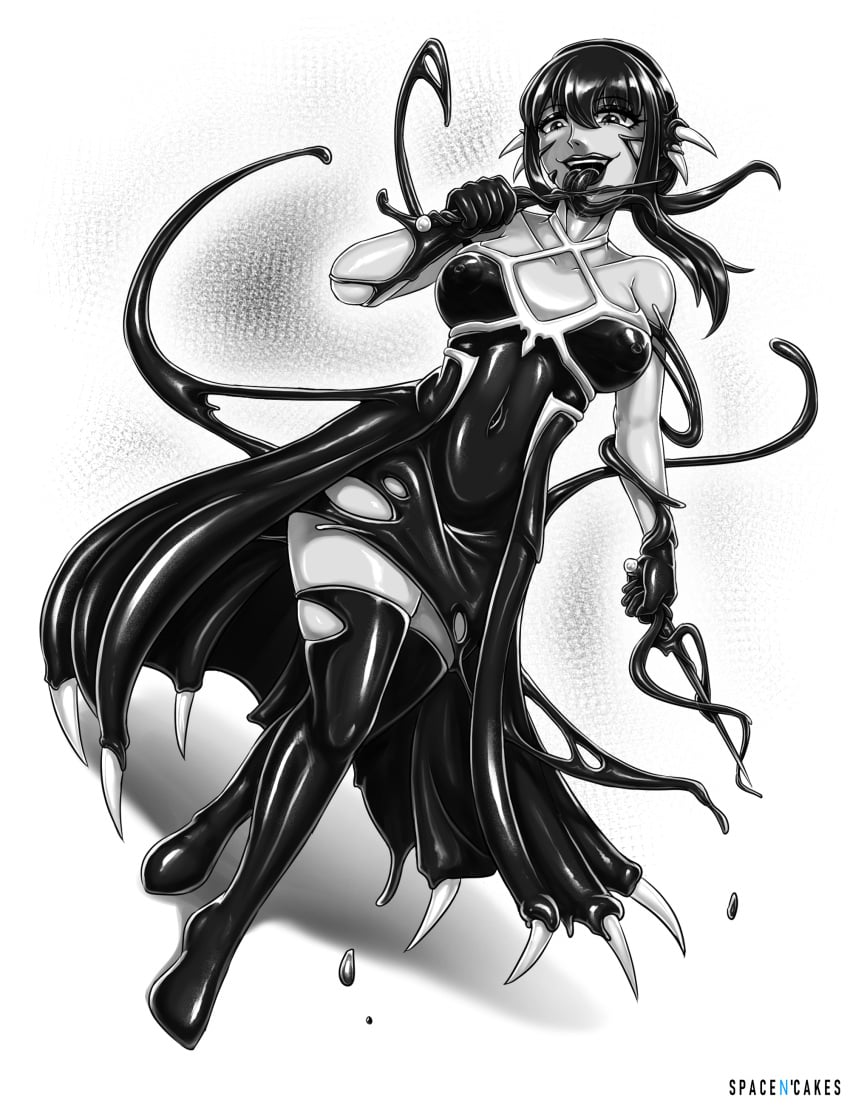 1girls black_lipstick female female_only huge_ass huge_breasts long_tongue marvel midriff monochrome nipples solo spacen'cakes spider-man_(series) spy_x_family symbiote thick_thighs venom venom_(marvel) wide_hips yor_briar