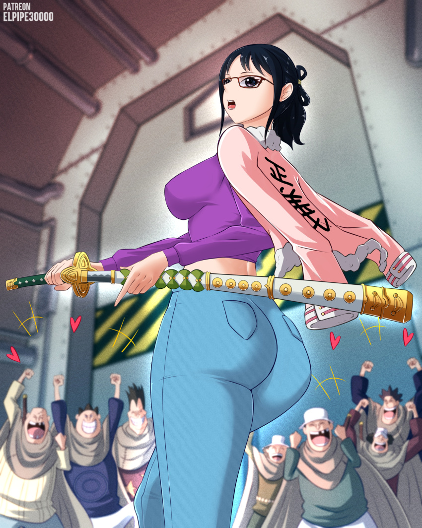 ass butt coat crowd elpipe3000 female fully_clothed glasses jeans male one_piece pink_coat sword tashigi weapon