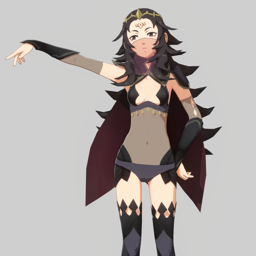 1girls 3d armwear bare_thighs black_hair black_panties bodystocking breasts brown_eyes cape circlet closed_mouth covered_navel emotionless expressionless eyebrows eyelashes facial_mark facial_tattoo female female_only fire_emblem fire_emblem_fates forehead_mark grey_background hand_on_hip headwear jewelry legwear light-skinned_female light_skin long_hair looking_to_the_side mouth_veil navel nintendo nyx_(fire_emblem) outstretched_hand overused23 panties revealing_clothes see-through see-through_clothing sideboob simple_background slim small_breasts solo standing tattoo thighhighs thighs underwear veil very_long_hair wavy_hair