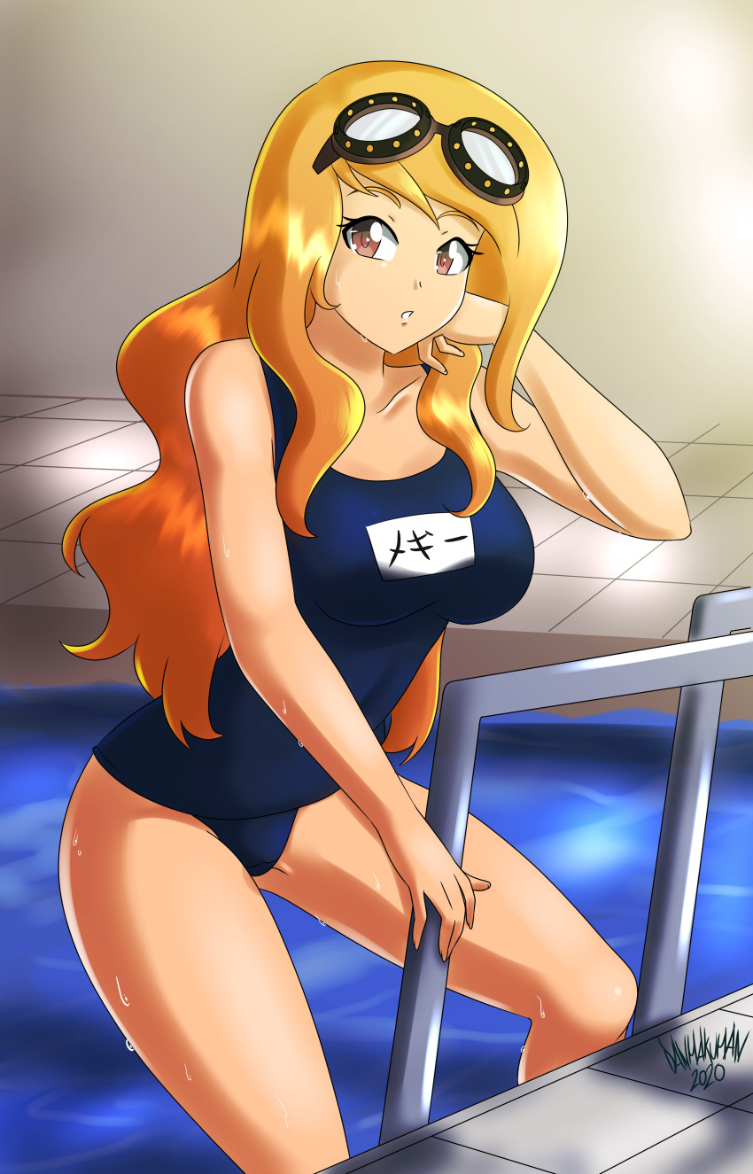 big big_breasts danmakuman female_only getting_out_of_pool googles human_meggy ladder long_hair looking_at_viewer meggy_spletzer pool poolside school_swimsuit smg4 sukumizu