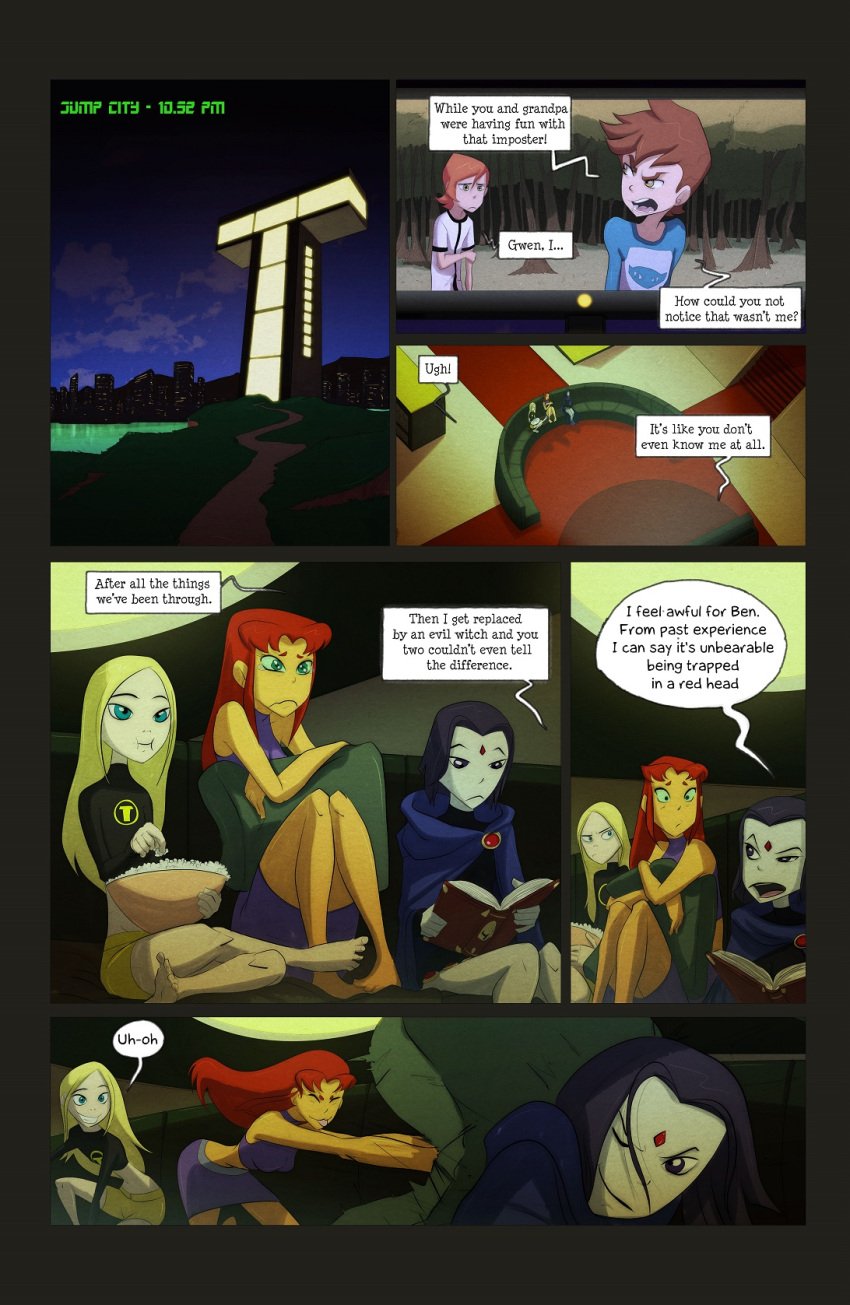 ben_10 ben_tennyson comic dc dialogue english_text female fixxxer gwen_tennyson multiple_girls raven_(dc) starfire teen_titans terra_(dc) text