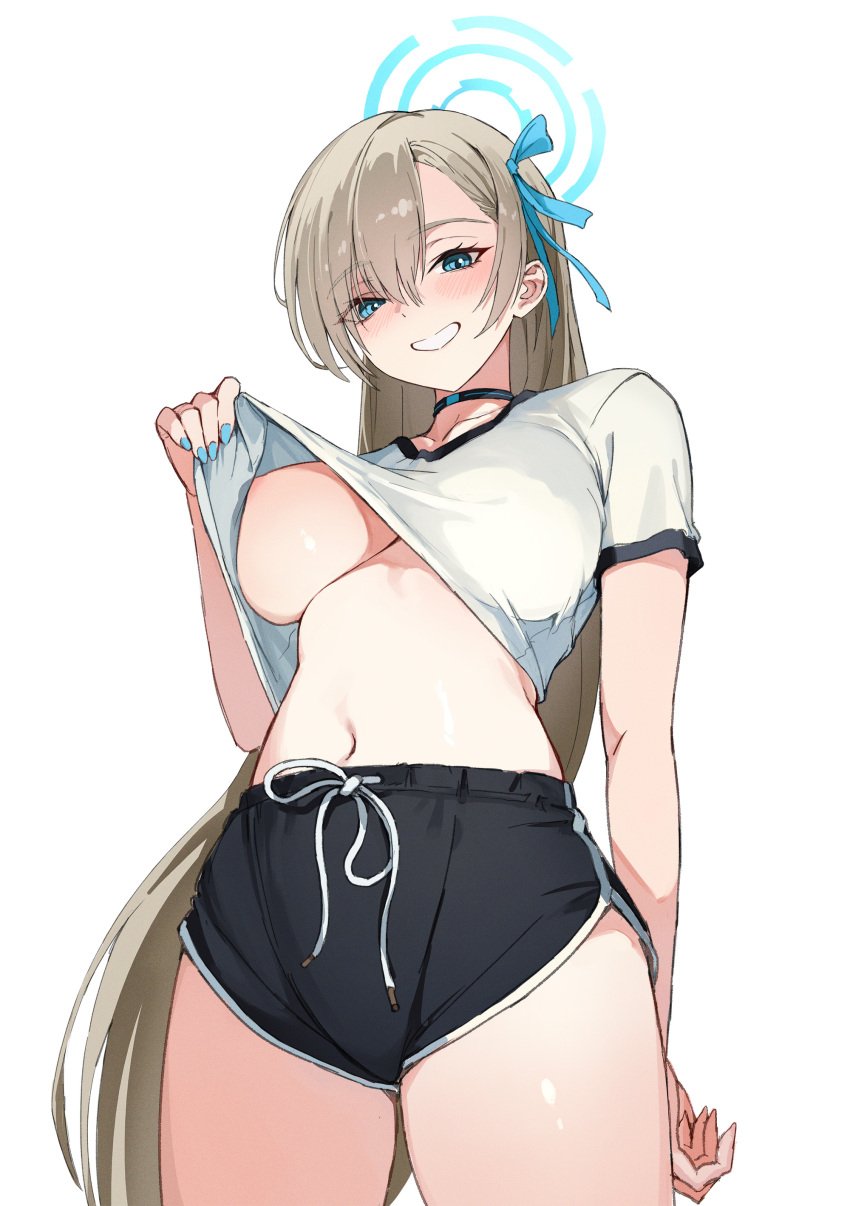 1girls asuna_(blue_archive) black_choker black_shorts blonde_hair blue_archive blue_eyes cleaning_&_clearing_(blue_archive) dolphin_shorts grin halo jason_kim large_breasts long_hair millennium_science_school_student navel nipples short_shorts short_sleeves shorts solo white_background white_shirt