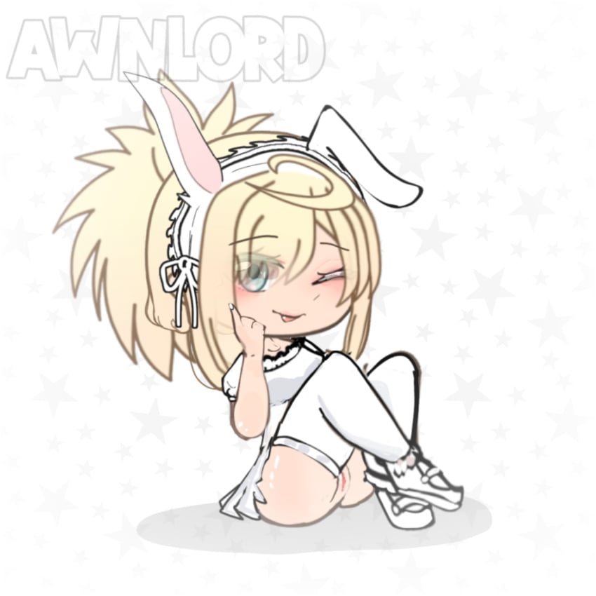 awnlord blonde_hair blue_eyes bonnet bunny_ears gacha gacha_club gacha_heat gacha_life ponytail pussy_peek sitting white_shirt white_skirt white_stockings winking