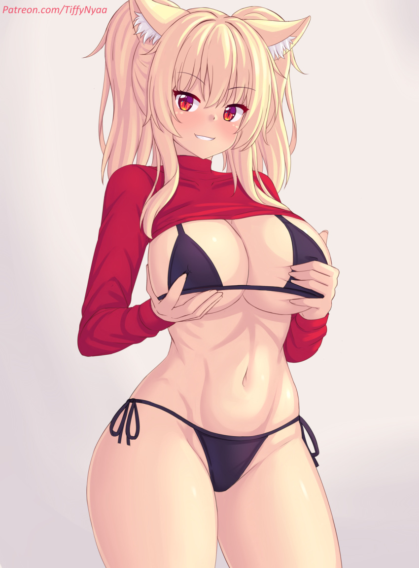 1girls bikini blonde_hair breasts cat_ears catgirl female grabbing_own_breast hi_res huge_breasts light-skinned_female light_skin long_hair red_eyes smile thick_thighs tiffy tiffynyaa