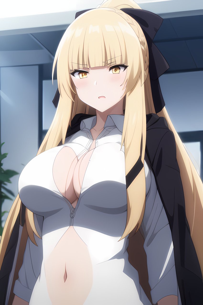 1girls ai_generated big_breasts blonde_hair busty cleavage female female_only hi_res kage_no_jitsuryokusha_ni_naritakute! large_breasts navel navel_cutout rose_oriana solo the_eminence_in_shadow voluptuous yellow_eyes