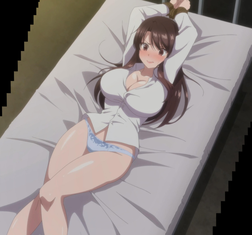 1girls blush bondage bound breasts brown_eyes brown_hair cleavage clothing hips ikazuchi_riko imminent_rape large_breasts panties screencap secret_mission_sennyuu_sousakan_wa_zettai_ni_makenai! shiny_skin stitched thick_thighs thighs tied_up wide_hips