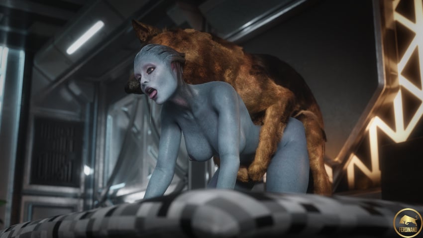 1girls 3d alien alien_girl asari bed bedroom blender blue_skin canine doggy_style drooling ferdinand_(artist) mass_effect samara wet_body wet_skin zoophilia zoophilia