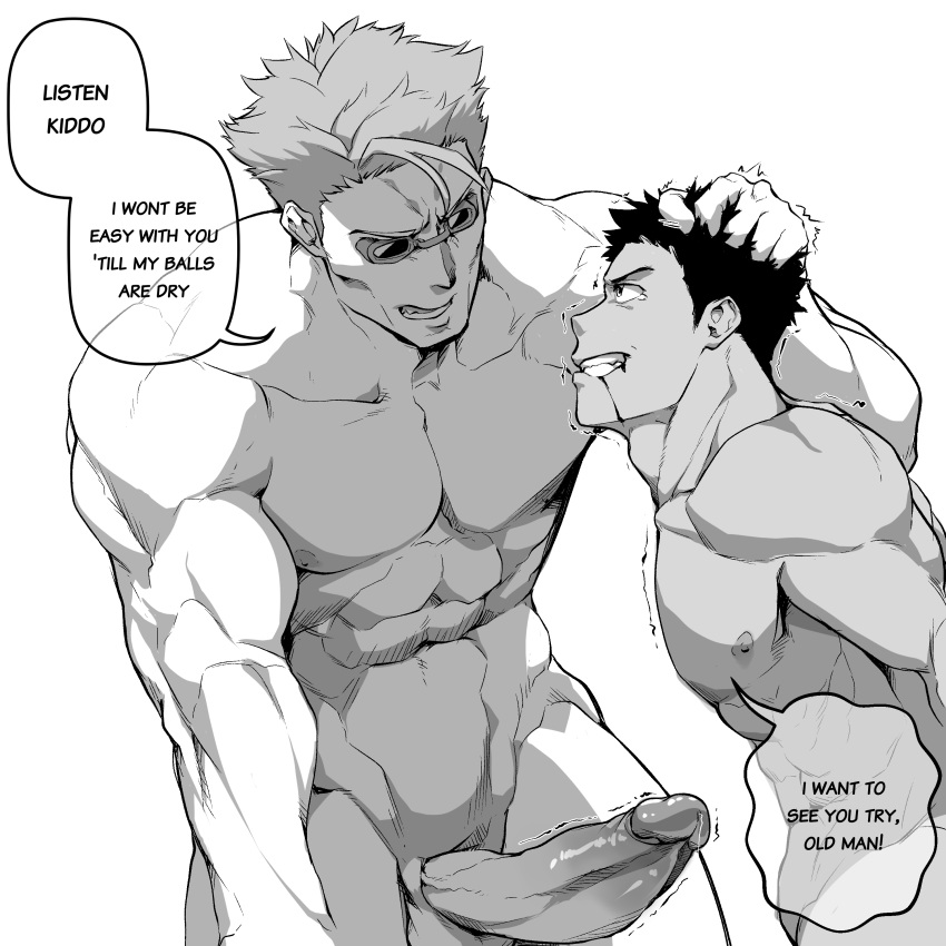 2023 2boys balls bara bara_tits barazoku big_penis completely_nude dialogue english_text erection forced gay hard_on hi_res highres imminent_sex jujutsu_kaisen kento_nanami male male/male male_focus male_nipples male_only male_rape_victim manly monochrome muscular_male nipples nude penis precum precum_drip rape riegaiestige solo_male text yaoi