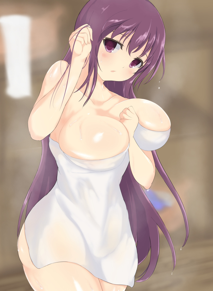 1girls ashino bangs cleavage female holding_breast impossible_clothes large_breasts light-skinned_female light_skin murasaki_(senran_kagura) open_mouth purple_eyes red_eyes senran_kagura sidelocks skindentation solo standing straight_hair thick_thighs towel towel_only very_long_hair