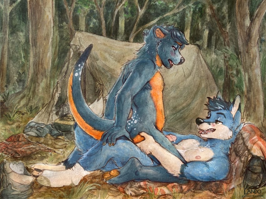 anal anal_orgasm anal_sex anthro archer_(archer_fox) ass big_butt blue_body blue_fur blush bodily_fluids camping camping_tent canid canine clothed clothing colored_pencil_(artwork) cum cum_on_chest cum_on_chest_fluff cum_on_face duo exhibitionism footwear forest forest_background fox fur genital_fluids genitals hand_on_butt humanoid_genitalia humanoid_penis male male/male mammal membrane_(anatomy) mustelid nature nature_background orange_body orange_fur orgasm orgasm_face otter outdoor_nudity outdoor_sex outside outside_sex partial_nudity partially_clothed penetration penis plant public public_sex sex sicklyhypnos socks spread_butt spreading sweat sweatdrop thick_thighs tongue tongue_out traditional_media_(artwork) tree webbed_feet zaffre_(zaffre_otter)