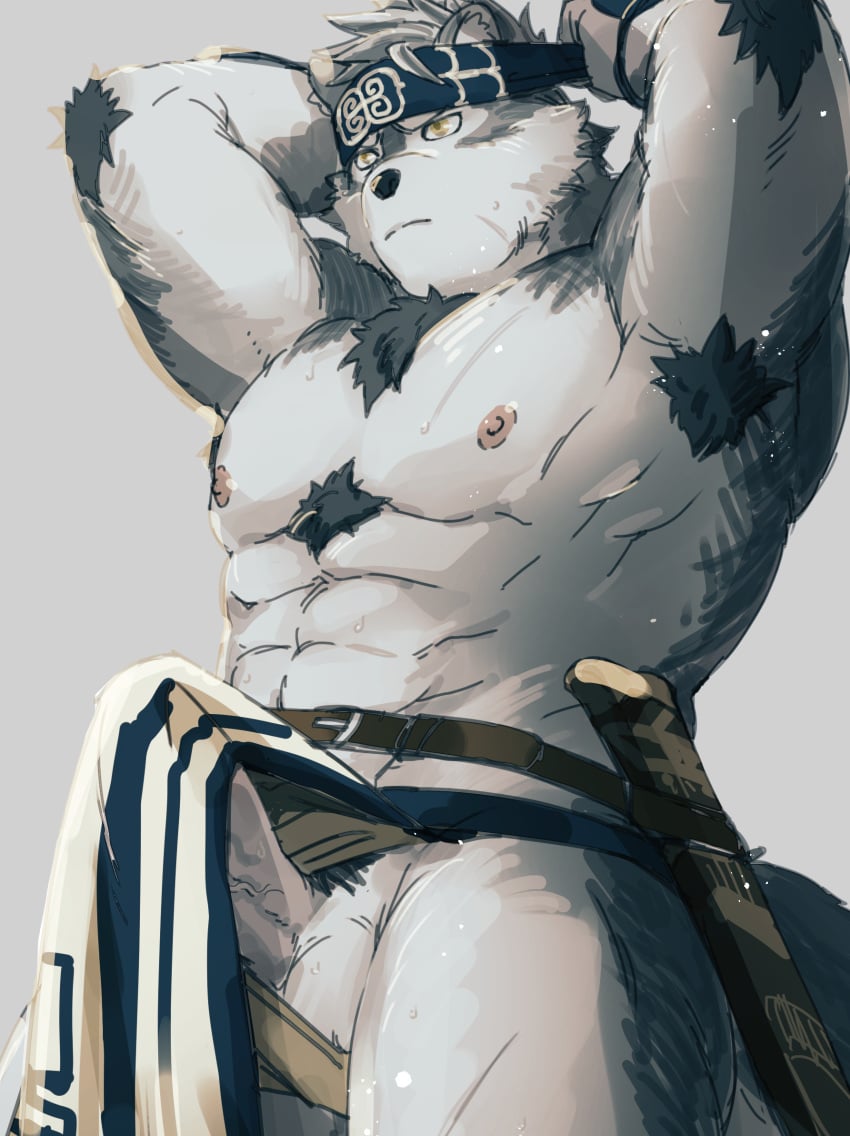 1boy abs adjusting_clothes adjusting_headwear ainu_clothes aoi_(husiginokuninoa) armpit_hair armpits arms_behind_head bara belt bulge chest_hair chest_tuft clothes_lift clothing_aside erection erection_under_clothes facing_ahead feet_out_of_frame fundoshi fundoshi_aside furry furry_male grey_fur highres horkeukamui japanese_clothes large_pectorals male_focus mature_male muscular muscular_male navel nipples pectorals pelvic_curtain pelvic_curtain_lift penis penis_peek sheath sheathed short_hair solo standing stomach sweat thick_thighs thighs tokyo_afterschool_summoners topless_male two-tone_fur wolf_boy yellow_eyes