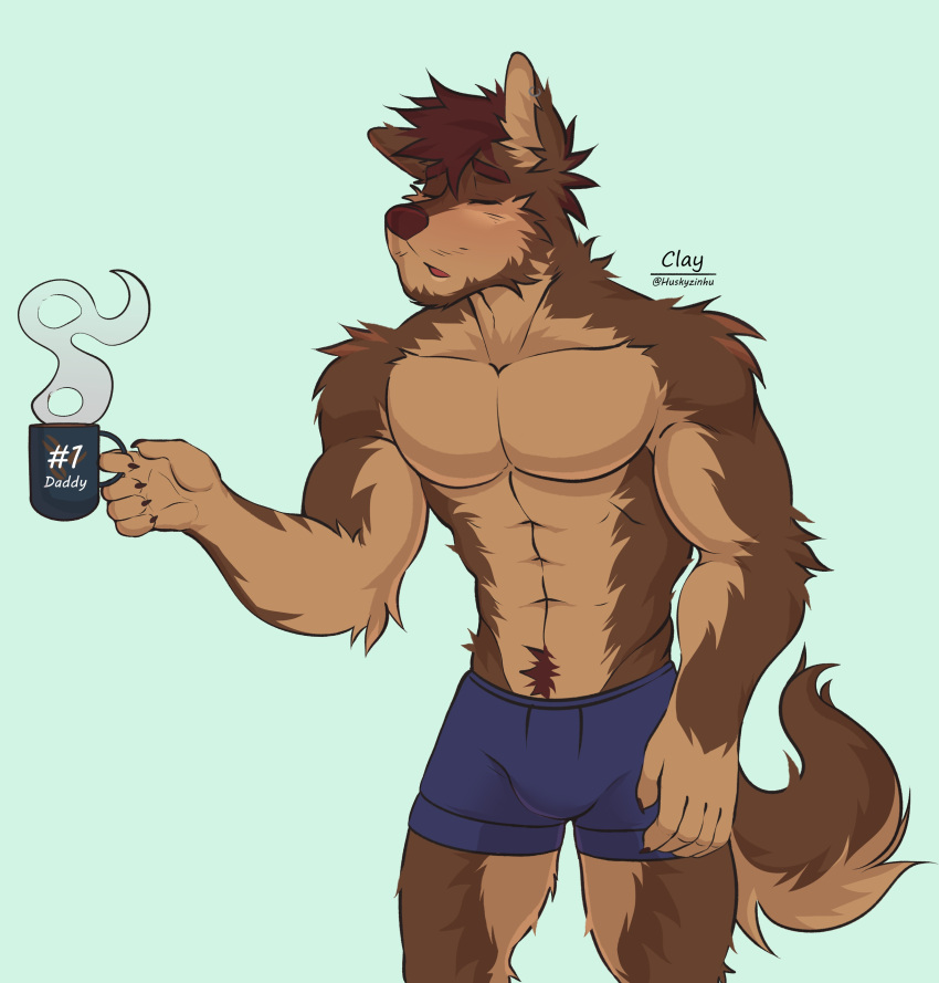 abs absurd_res anthro bottomwear canid canine canis clothed clothing fur gabu_(awoogabu) hair hi_res huskyzinhu male mammal muscular muscular_anthro muscular_male red_wolf shirtless simple_background solo wolf