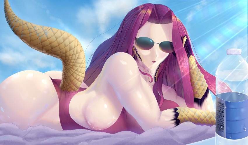 1girls adjusting_sunglasses big_ass big_butt breast_rest fat_ass fate/grand_order fate_(series) gorgon gorgon_(fate) hand_up huge_ass long_hair lunar_avenger lying lying_down purple_hair scales skindentation sky solo solo_female sunbathing sunglasses sunny swimsuit tail towel water water_bottle water_drop wide_hips