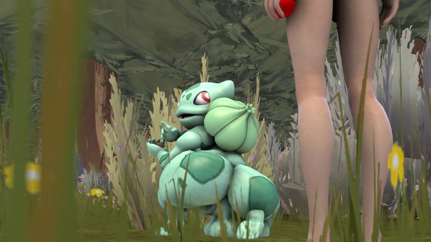 3d 3d_(artwork) anthro balls berry big_ass blue_body bulbasaur crouching forest grass human looking_back nature nude penis pokémon_(species) pokemon red_eyes scalie sfmbob source_filmmaker tree