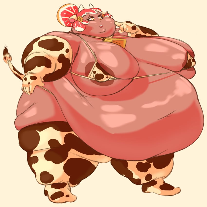 1girls 2020s 2021 absurd_res animal_ears animal_horns animal_tail areola_slip bbw belly belly_overhang breasts cow_ears cow_horns cow_print cow_print_armwear cow_print_bikini cow_print_thighhighs cow_tail fat female female_focus hand_on_hip horns huge_belly huge_breasts looking_down obese obese_female overweight overweight_female piffledoodle plump red_hair solo solo_female solo_focus tail voluptuous