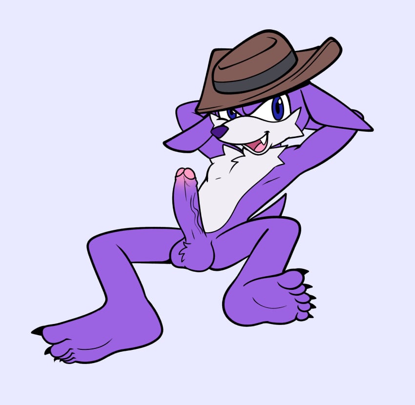 anthro blue_eyes clothing cowboy_hat dipodid erection fang_the_sniper feet fours_(artist) fur hands_behind_head hat hat_only headgear headgear_only headwear headwear_only hi_res jerboa looking_at_viewer lying male male_only mammal mostly_nude on_back purple_body purple_fur rodent sega solo sonic_(series) sonic_the_hedgehog_(series)