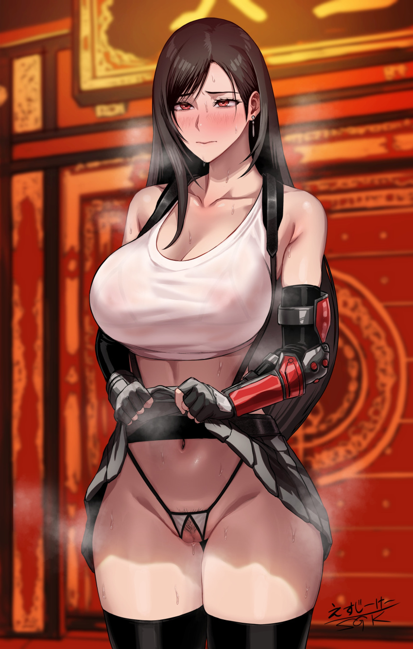 absurdres bare_shoulders black_hair black_pubic_hair black_skirt black_thighhighs breasts clothes_lift commentary_request covered_nipples dangle_earrings earrings elbow_gloves elbow_pads female female_pubic_hair final_fantasy final_fantasy_vii final_fantasy_vii_remake fingerless_gloves gloves highres huge_breasts jewelry lifted_by_self long_hair low-tied_long_hair micro_panties miniskirt navel no_panties panties pubic_hair red_eyes sgk skirt skirt_lift solo standing steam steaming_body suspender_skirt suspenders sweat tank_top textless_version thick_thighs thighhighs tifa_lockhart underwear variant_set very_long_hair white_tank_top wide_hips