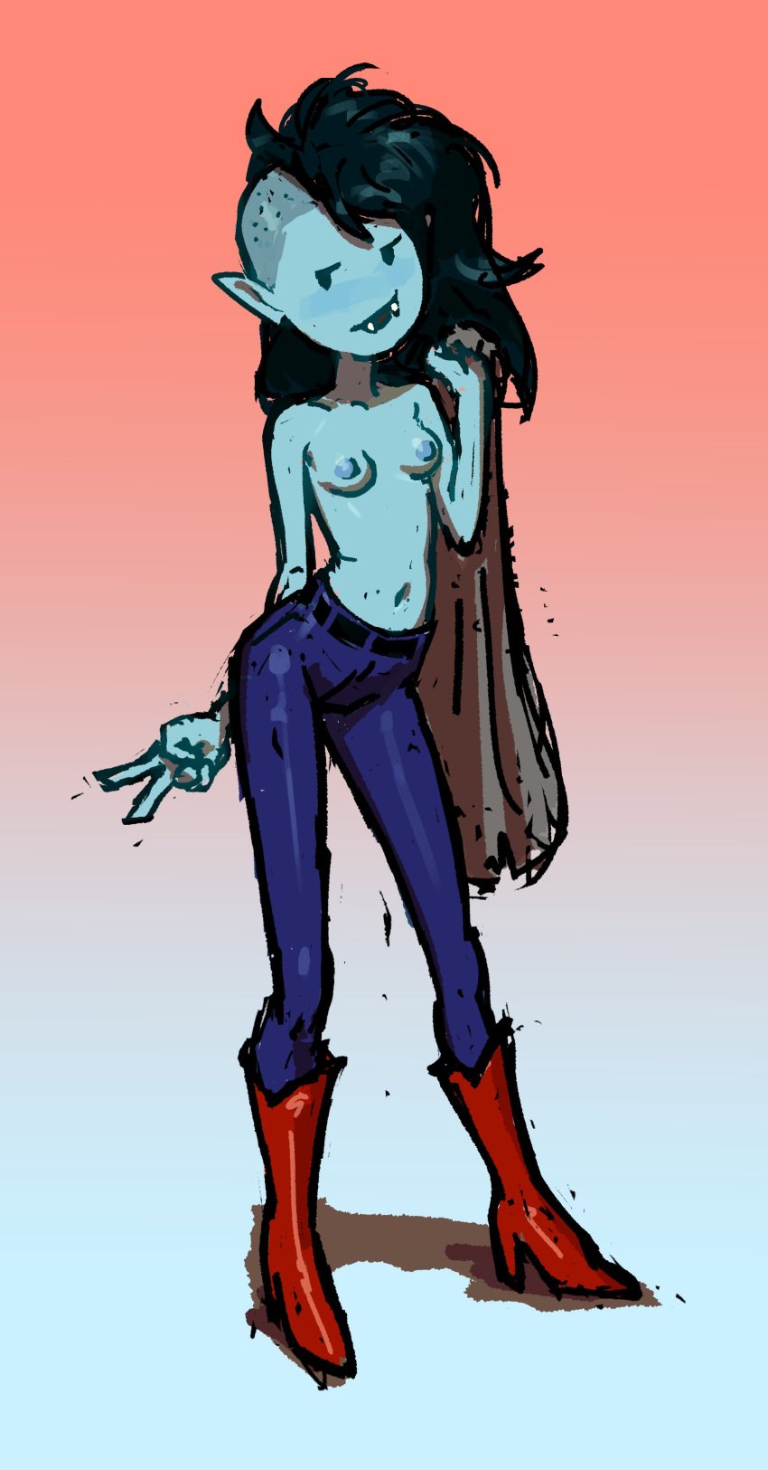 2019 adventure_time black_eyes black_hair blue_body blush boots breasts cartoon_network fangs female female_focus female_only half_shaved_head jeans long_hair marceline marceline_abadeer nipples peace_sign pears_(artist) small_breasts topless_female vampire vampire_girl vampire_teeth