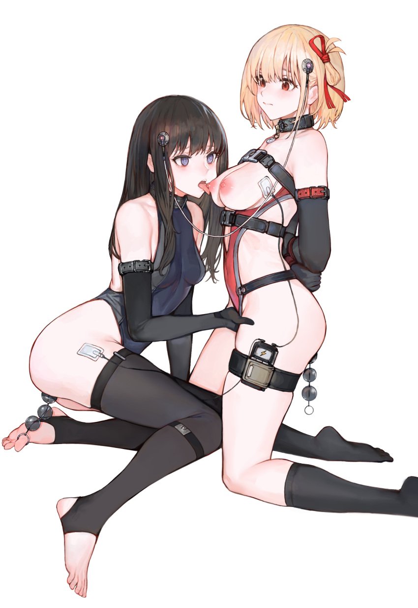 2girls @_@ absurdres anal anal_beads anal_object_insertion animal_collar arm_belt arms_behind_back belt black_belt black_gloves black_hair black_leotard black_socks black_thighhighs blonde_hair bondage bound breasts collar elbow_gloves female fingering fingering_through_clothes from_side gloves hair_ribbon harness highleg highleg_leotard highres inoue_takina iuui kneehighs kneeling leotard licking licking_nipple long_hair lycoris_recoil medium_breasts multiple_girls nipples nishikigi_chisato object_insertion purple_eyes red_belt red_eyes red_leotard red_ribbon restrained ribbon sex_toy short_hair small_breasts socks stirrup_legwear thigh_strap thighhighs through_clothes toeless_legwear toes white_background yuri