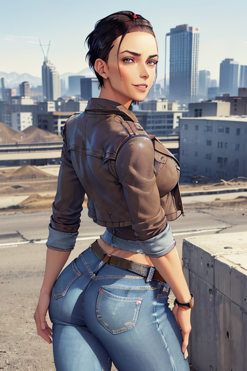 ai_generated aig1587 alyx_vance big_ass big_butt black_hair brown_jacket city female female_only half-life half-life_2 jacket jeans short_hair smile t-shirt tight_jeans valve