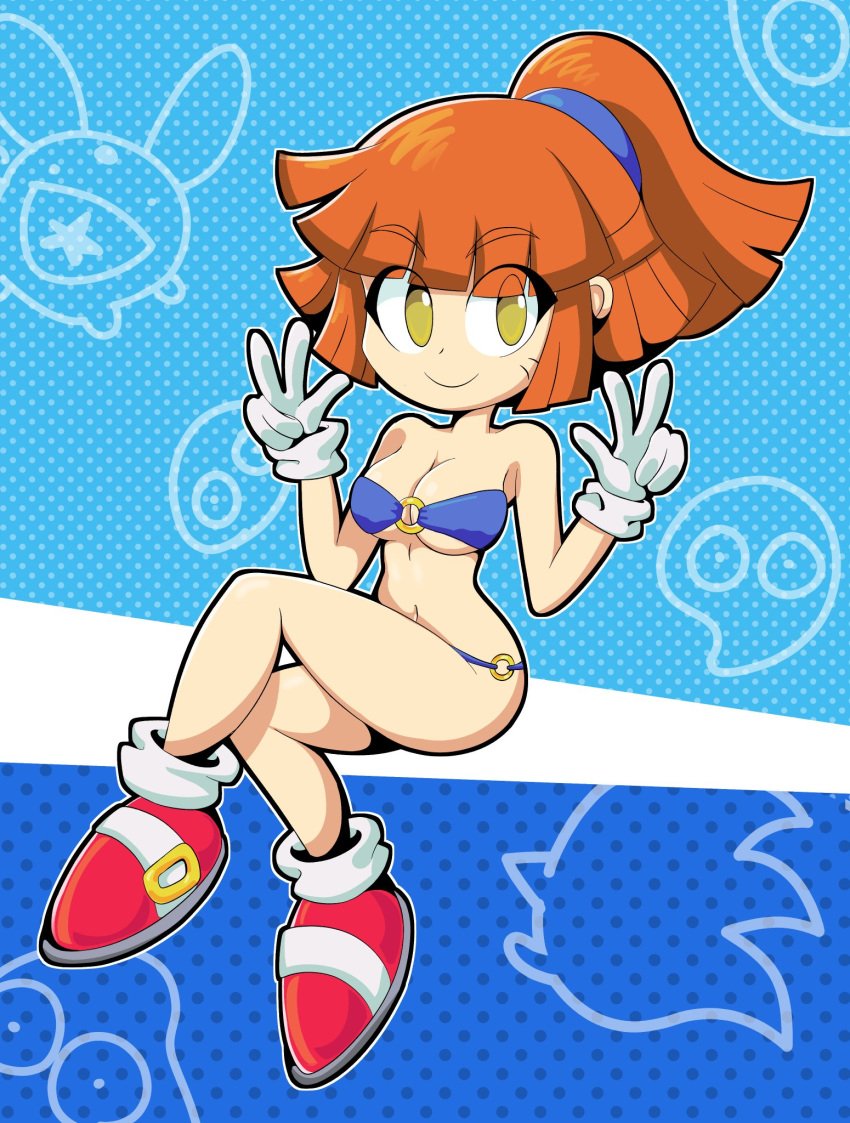 1girls 2023 alternate_version_available arle_nadja bikini blue_background bra breasts female female_only gloves navel orange_hair panties peace_sign ponytail puyo_puyo shoes silvertails841 solo solo_female sonic_the_hedgehog_(cosplay) yellow_eyes