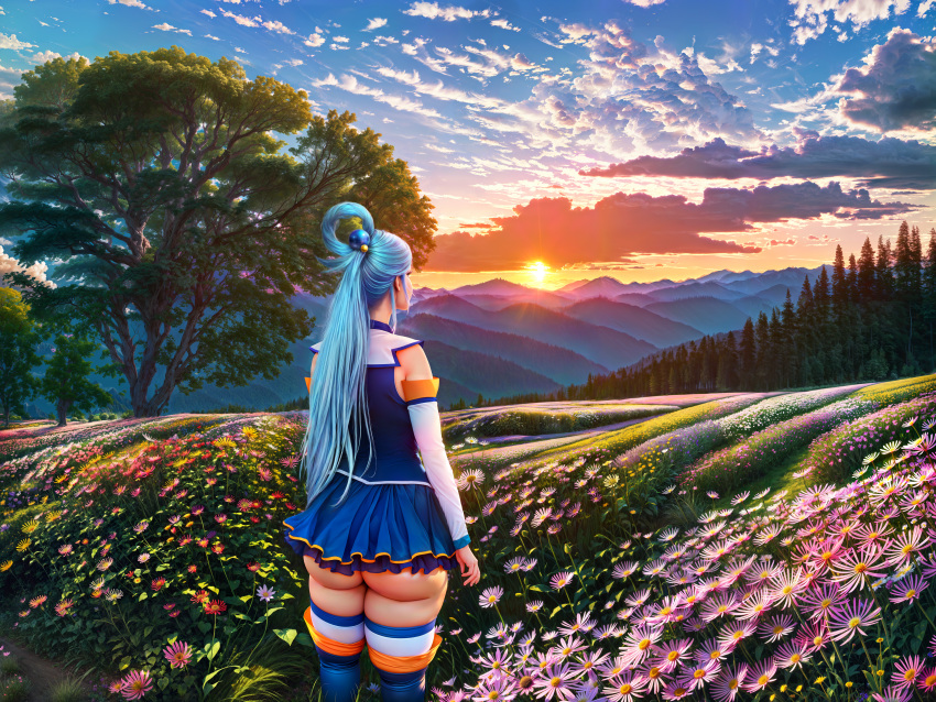 1girls ai_generated aqua_(konosuba) artist_request ass beautiful_background blue_hair blue_skirt blue_thigh_boots blue_vest clouds detached_sleeves female female_only field flower from_behind kono_subarashii_sekai_ni_shukufuku_wo! landscape microskirt mini_skirt peaceful self_upload solo stable_diffusion staring sunset tagme trees white_thighhighs