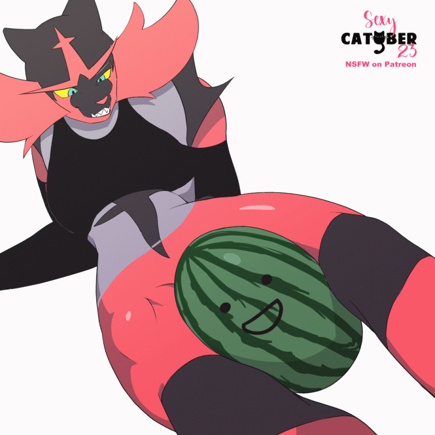 1:1 2023 2d_animation animated anthro biped black_body black_fur blue_eyes breasts catober clothing felid feline felis feliscede female female_incineroar fur generation_7_pokemon incineroar mammal nintendo pokemon pokemon_(species) red_body red_fur sharp_teeth short_playtime simple_background solo thick_thighs training watermelon white_background