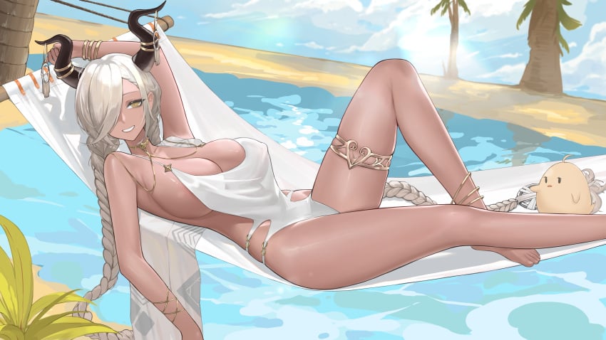 1girls 2020s 2023 absurd_res anklet azur_lane backless_swimsuit bare_legs bare_shoulders beach bracelet braid breasts brown_eyes collarbone dark-skinned_female dark_skin female grey_hair hair_over_one_eye hammock hi_res horn_ornament horns jewelry large_breasts long_hair low_twin_braids manjuu_(azur_lane) one-piece_swimsuit outdoors owari_(azur_lane) palm_tree sideboob smile solo swimsuit thighlet tree twin_braids user_vzzn2855 white_one-piece_swimsuit