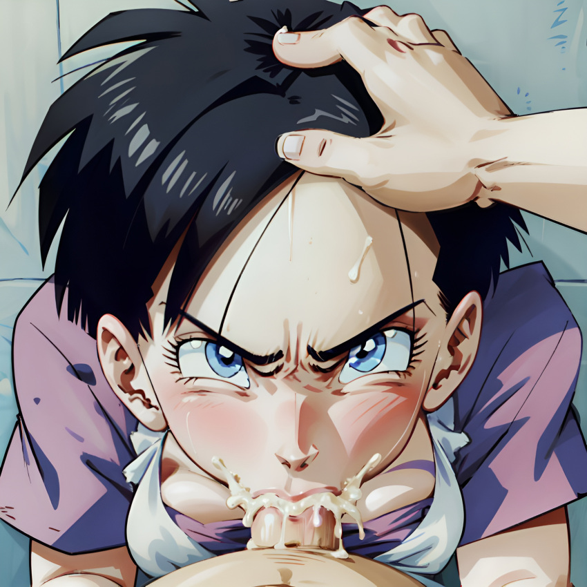 1girls ai_generated angry angry_face arbitrary black_hair blowjob blue_eyes cum cum_in_mouth deepthroat dragon_ball dragon_ball_z eye_contact fellatio female_focus forced_oral fully_clothed hand_on_head hi_res looking_at_viewer medium_breasts oral oral_creampie penis_in_mouth pov short_hair stable_diffusion videl