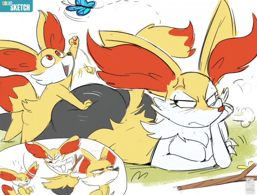 angry annoyed anthro arthropod ass big_ass braixen breasts butterfly cheek_tuft duo ear_tuft facial_tuft female fennekin feral generation_6_pokemon grey_body grey_fur holding_object insects male multicolored_body multicolored_fur nintendo orange_body orange_fur pokemon pokemon_(species) stick thick_thighs tuft yellow_body yellow_fur yoelrabbit