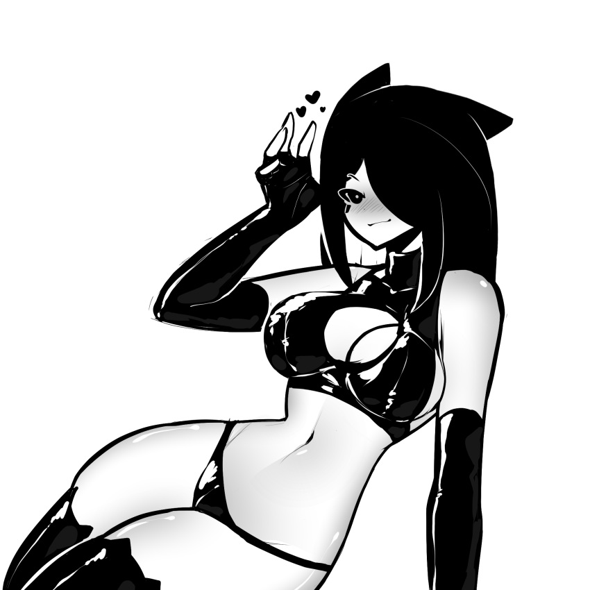 2023 animal_ears bikini black_bikini black_eyes black_hair blush cat_ears catgirl cleavage elbow_gloves fingerless_gloves gloves hair_over_one_eye heart long_gloves looking_at_viewer navel original shiny_clothes smile tagme tekona thighhighs thighs