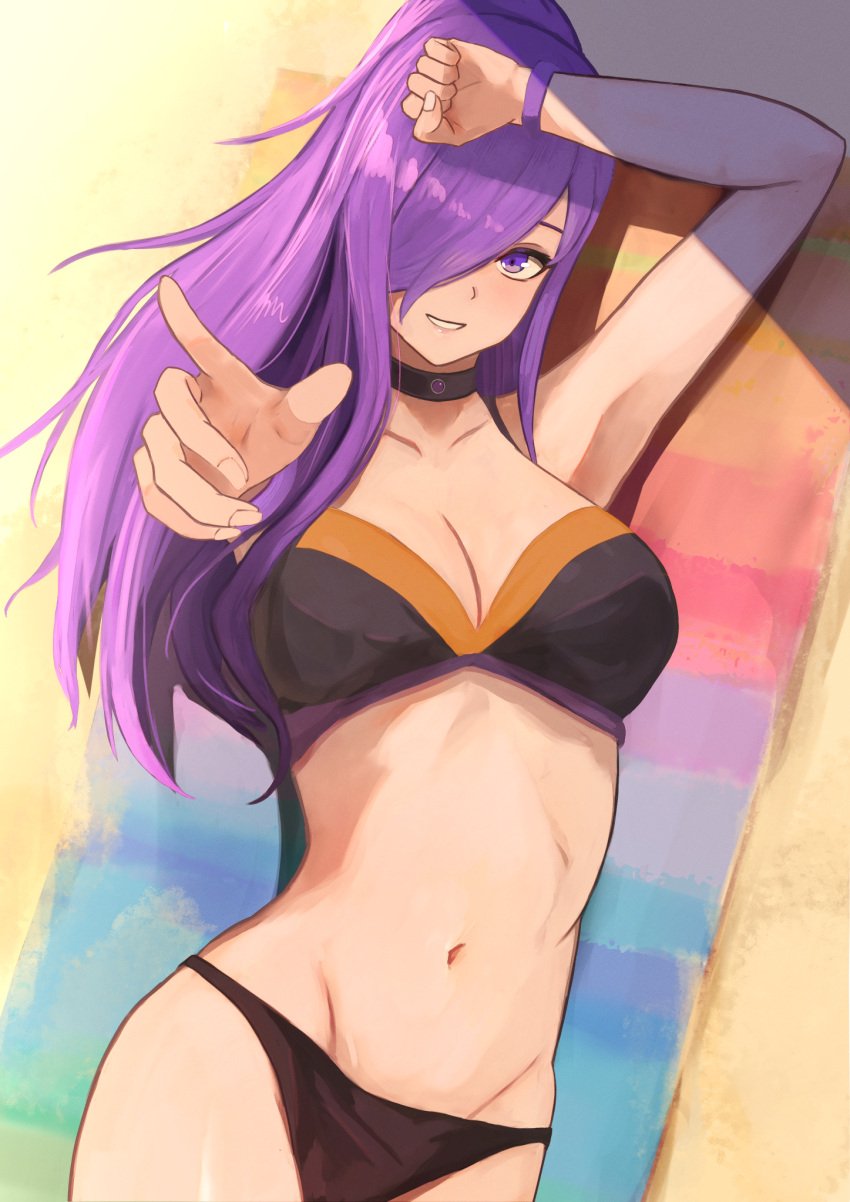 1girls alternate_costume arm_up bikini black_bikini black_choker black_swimsuit breasts choker cleavage collarbone female female female_only fire_emblem fire_emblem:_three_houses fire_emblem_heroes fire_emblem_warriors:_three_hopes groin hair_over_one_eye highres labebebe_lee long_hair lying medium_breasts midriff navel nintendo official_alternate_costume on_back outstretched_arm purple_eyes purple_hair shez_(female)_(fire_emblem) shez_(female)_(summer)_(fire_emblem) shez_(fire_emblem) solo swimsuit