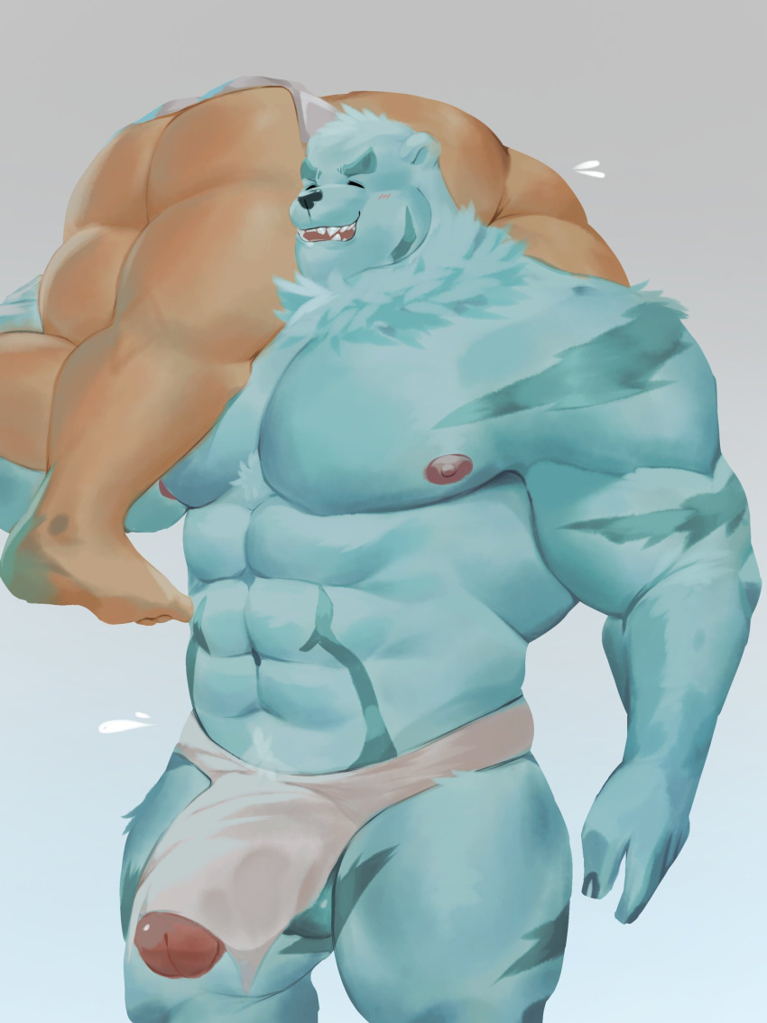 abs anthro balls blue_balls blue_body duo eyebrows freddyv7205172 fur genitals hi_res human humanoid_genitalia humanoid_penis male mammal muscular muscular_anthro muscular_male nipples pecs penis simple_background teeth