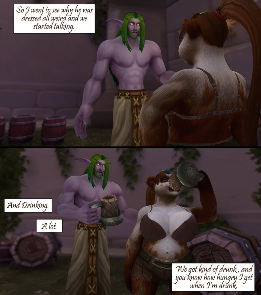 cleavage clothed_female clothed_male comic drinking elf elf_ears glowing_eyes kaelatheelf kaelscorner large_breasts narration_boxes night_elf night_elf_male pandaren pandaren_female plot_driven pointy_ears warcraft world_of_warcraft