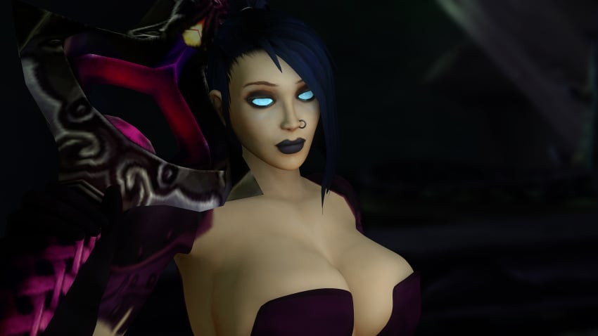 cleavage close_up close_up_alt costume death_knight holding_weapon human human_female kaelatheelf kaelscorner nose_ring solo_female warcraft world_of_warcraft