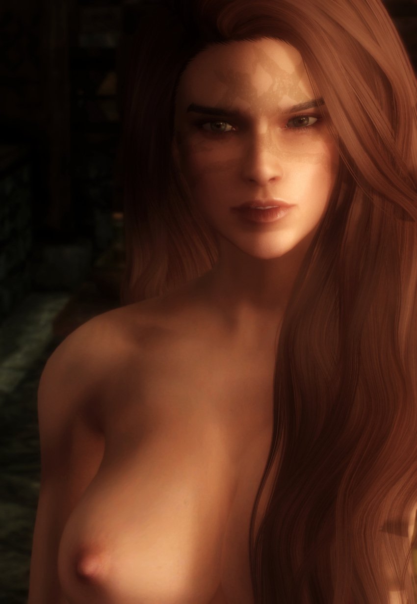 3d aela_the_huntress bijin breasts brown_eyes lips nipples nonstickypants nord nude red_hair skyrim the_elder_scrolls