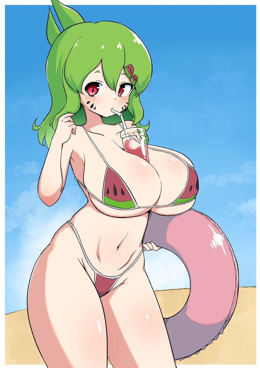 1girls beach bikini blush busty drink_on_breasts drinking_straw female_only floatie glitch_productions green_hair huge_breasts melony_(smg4) micro_bikini north_fighter red_eyes smg4 solo_female watermelon_bikini